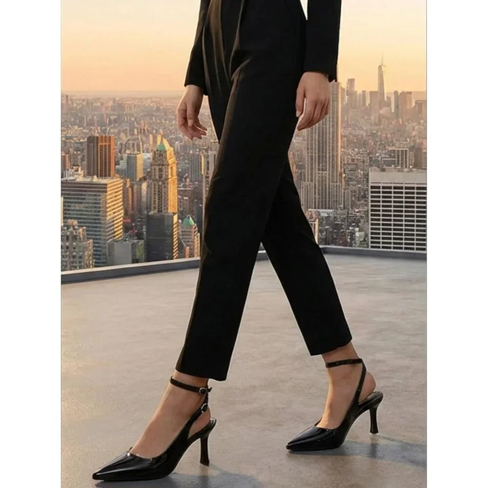 Women's Black Pointed Toe High Heels Slingback Stiletto Ankle Strap Pumps